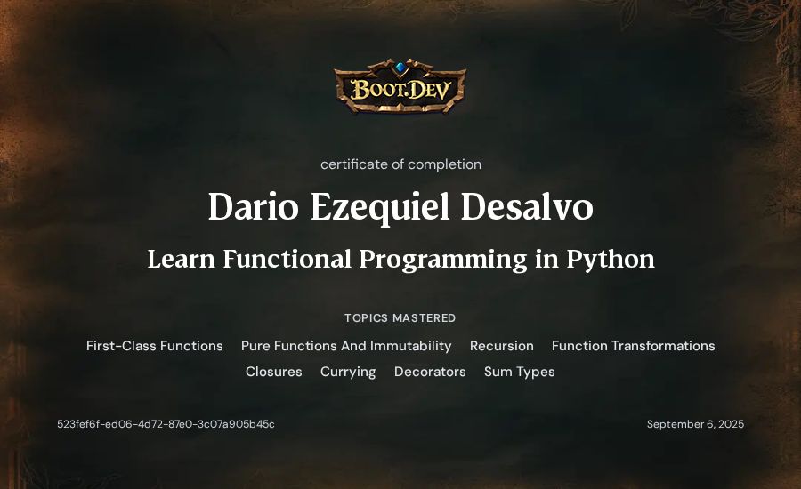 Dario Ezequiel Desalvo's Boot.dev Learn Functional Programming in Python certificate