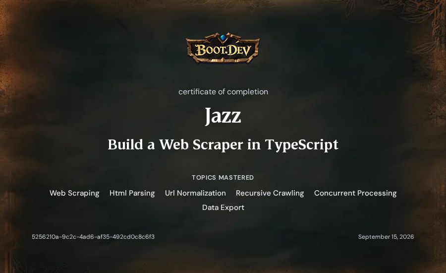 Jazz's Boot.dev Build a Web Scraper in TypeScript certificate