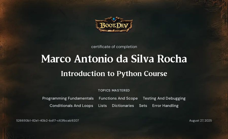 Marco Antonio da Silva Rocha's Boot.dev Introduction to Python Course certificate