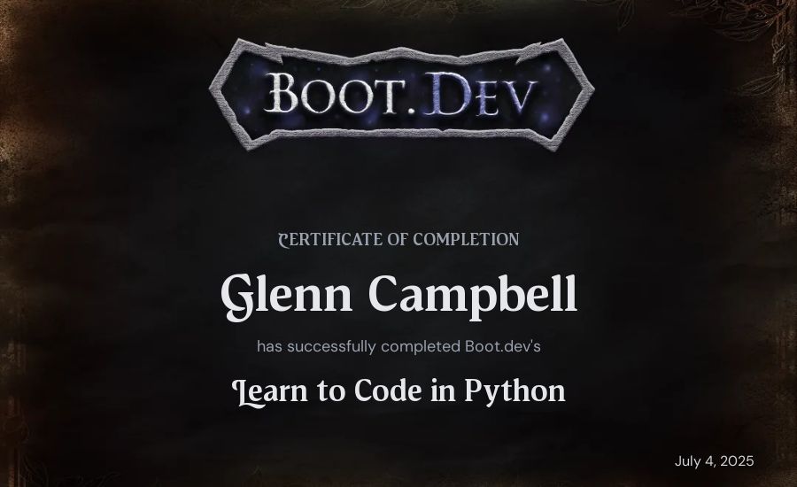 CromartyForth's Boot.dev Introduction to Python Course certificate