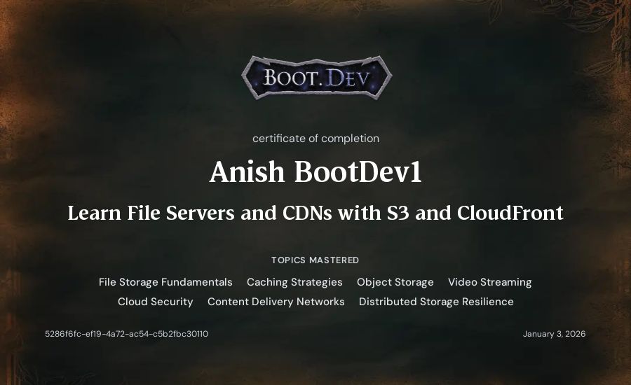 Anish BootDev1's Boot.dev Learn File Servers and CDNs with S3 and CloudFront certificate