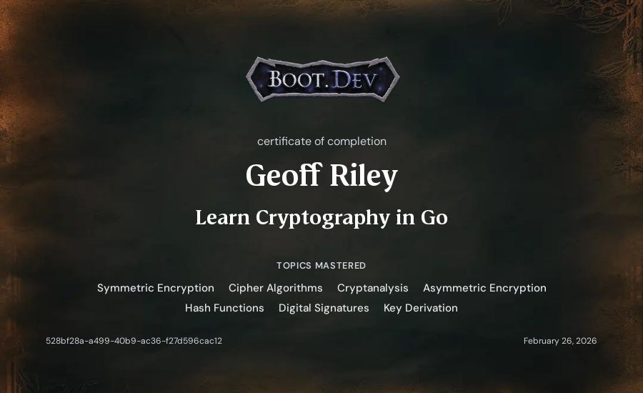 Geoff Riley's Boot.dev Learn Cryptography in Go certificate