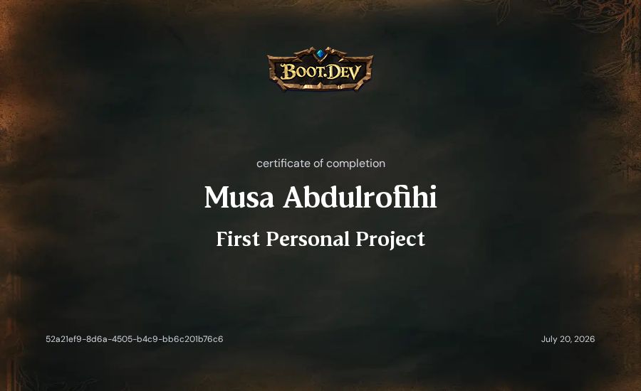 Musa Abdulrofihi's Boot.dev First Personal Project certificate