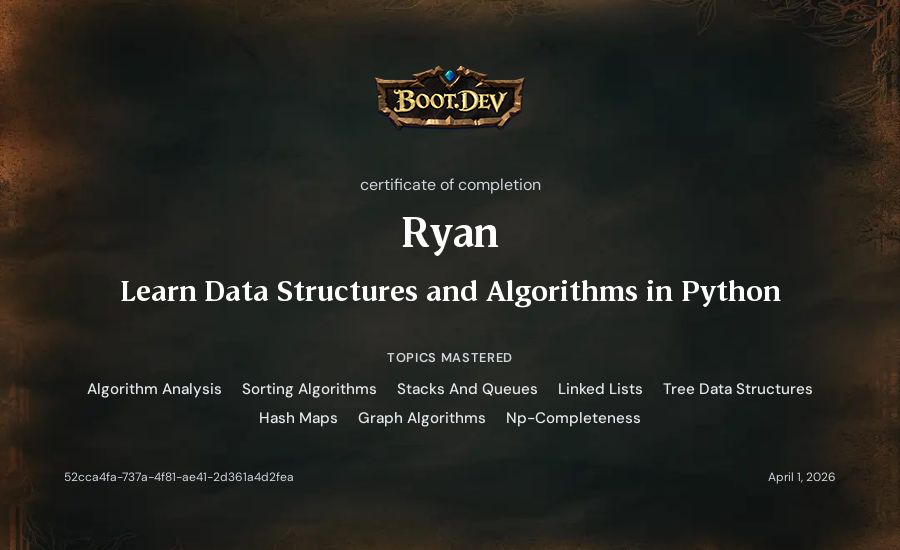 Ryan's Boot.dev Learn Data Structures and Algorithms in Python certificate