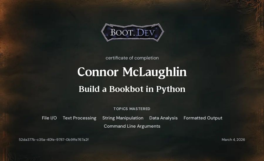 Connor McLaughlin's Boot.dev Build a BookBot in Python certificate
