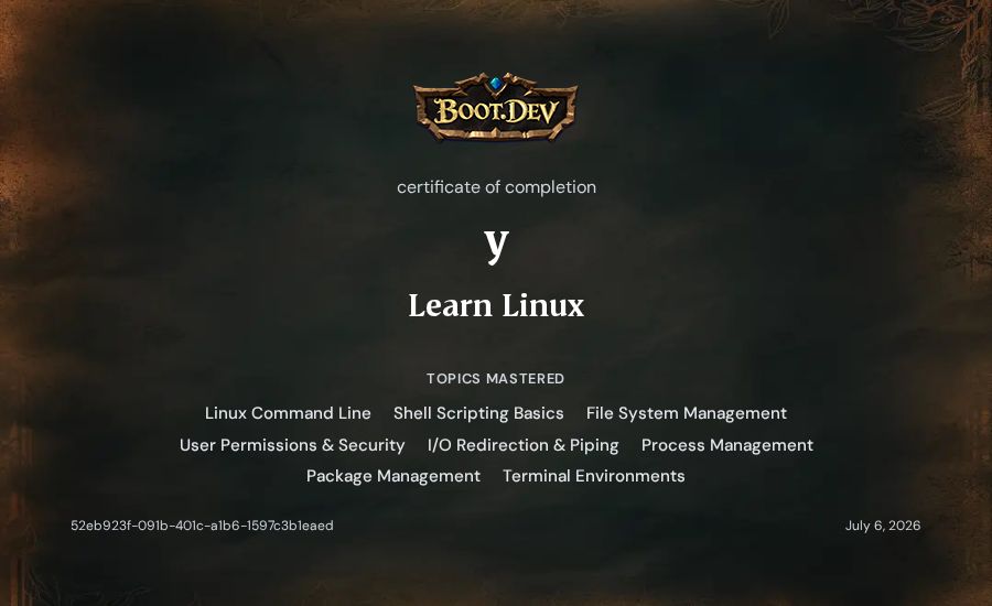 y's Boot.dev Learn Linux certificate