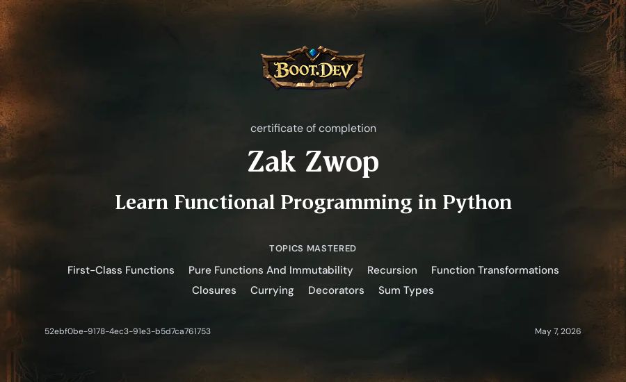 Zak Zwop's Boot.dev Learn Functional Programming in Python certificate