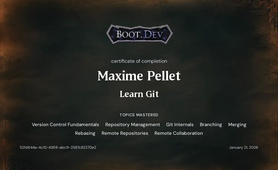 Maxime Pellet's Boot.dev Learn Git certificate