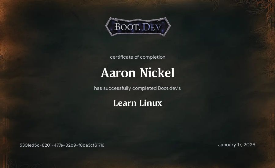 Aaron Nickel's Boot.dev Learn Linux certificate