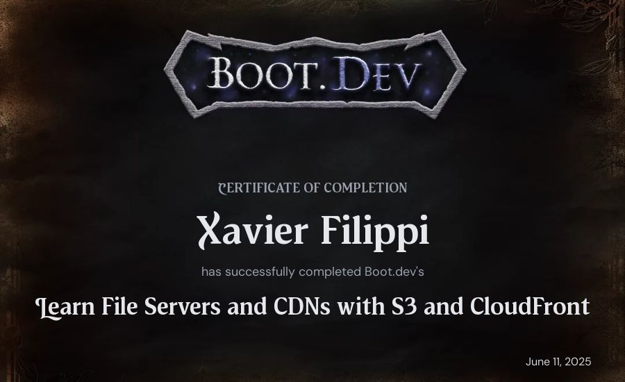 Xavier Filippi's Boot.dev Learn File Servers and CDNs with S3 and CloudFront certificate