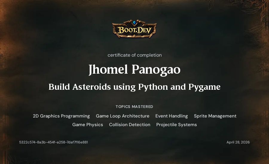 Jhomel Panogao's Boot.dev Build Asteroids using Python and Pygame certificate