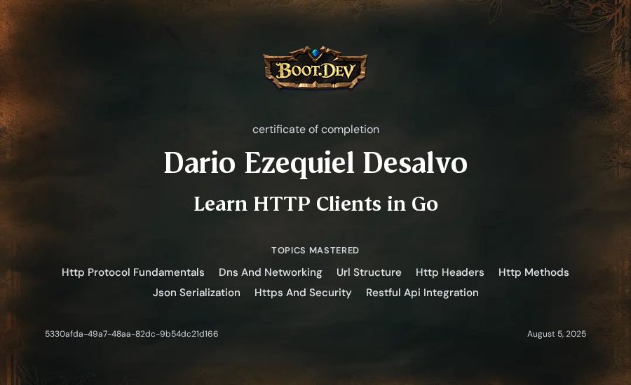 Dario Ezequiel Desalvo's Boot.dev Learn HTTP Clients in Go certificate