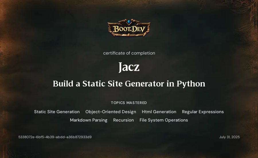 Jacz's Boot.dev Build a Static Site Generator in Python certificate