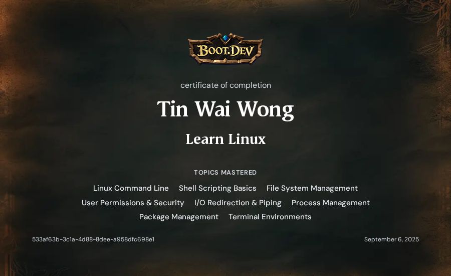 Tin Wai Wong's Boot.dev Learn Linux certificate