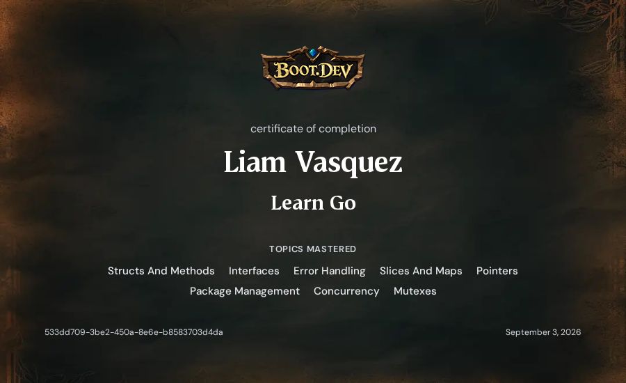 Liam Vasquez's Boot.dev Learn Go certificate