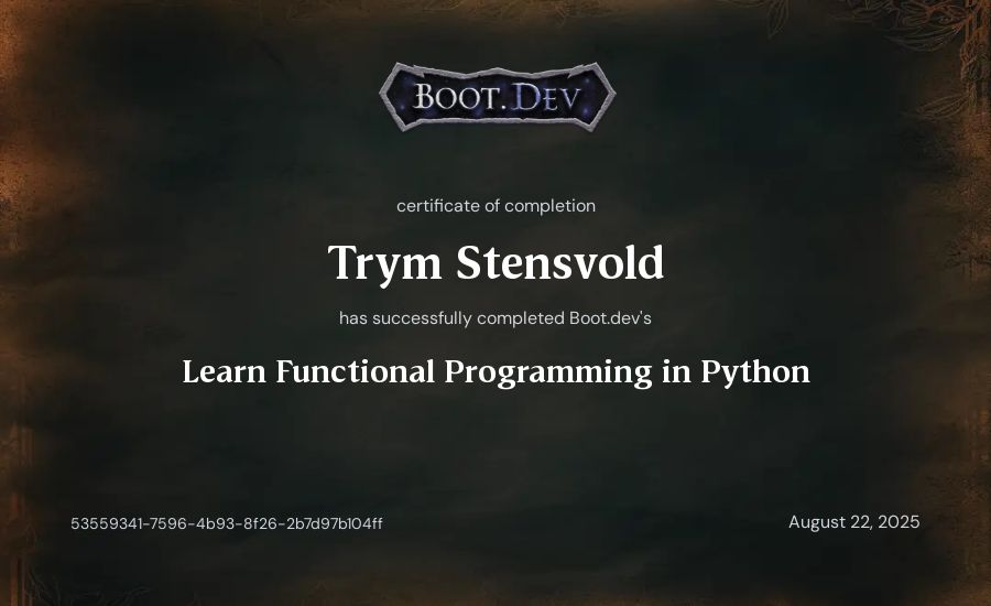 Trym Stensvold's Boot.dev Learn Functional Programming in Python certificate