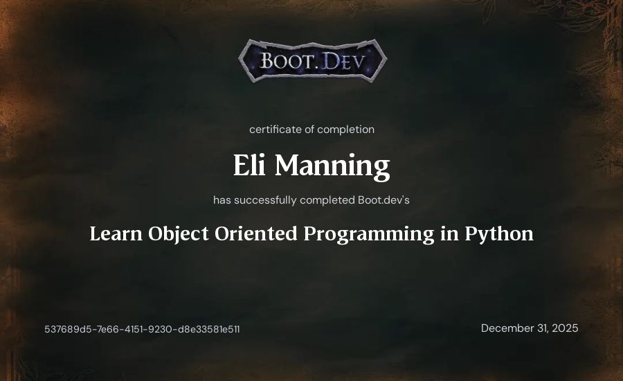 Eli Manning's Boot.dev Learn Object Oriented Programming in Python certificate