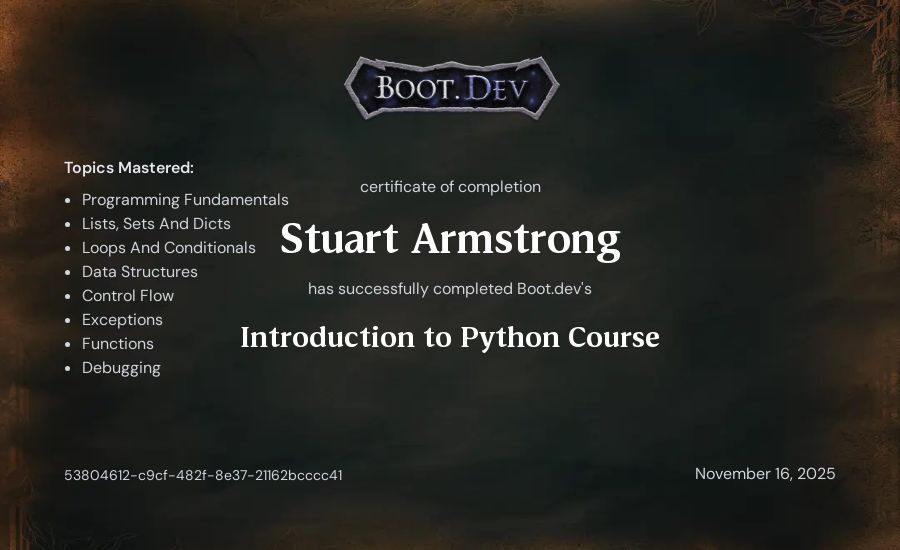 Stuart Armstrong's Boot.dev Introduction to Python Course certificate