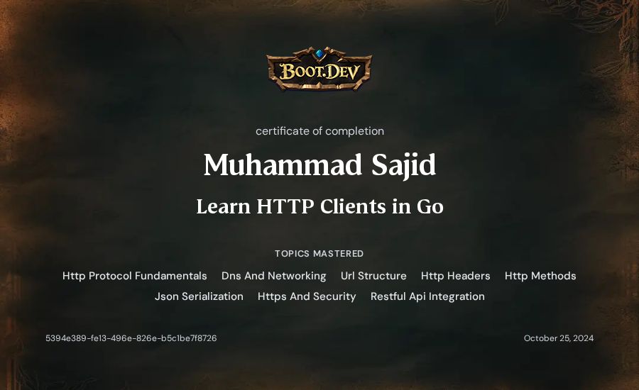 Muhammad Sajid's Boot.dev Learn HTTP Clients in Go certificate