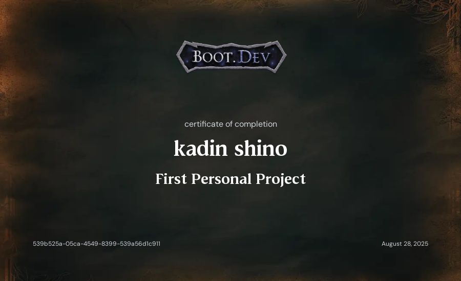 kadin shino's Boot.dev First Personal Project certificate