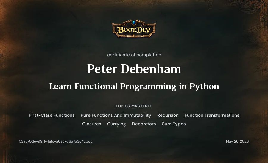 Peter Debenham's Boot.dev Learn Functional Programming in Python certificate