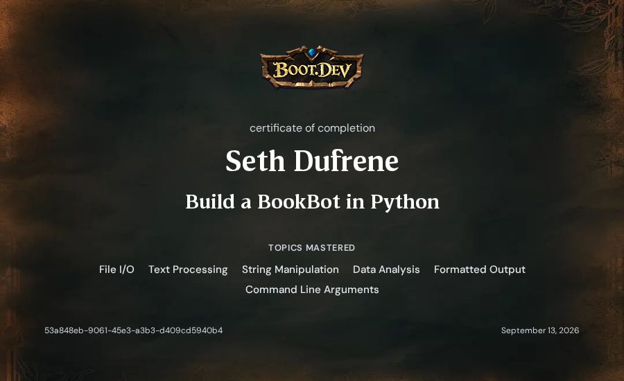 Seth Dufrene's Boot.dev Build a BookBot in Python certificate