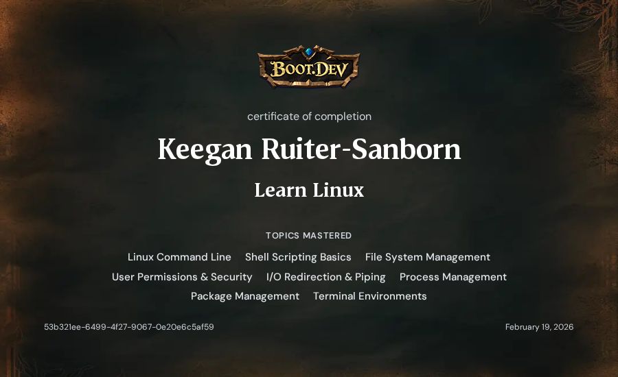 Keegan Ruiter-Sanborn's Boot.dev Learn Linux certificate