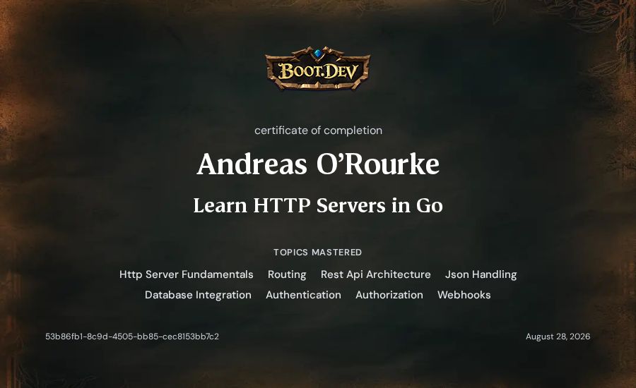 Andreas O'Rourke's Boot.dev Learn HTTP Servers in Go certificate