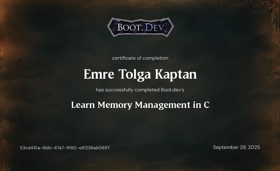 Emre Tolga Kaptan's Boot.dev Learn Memory Management in C certificate