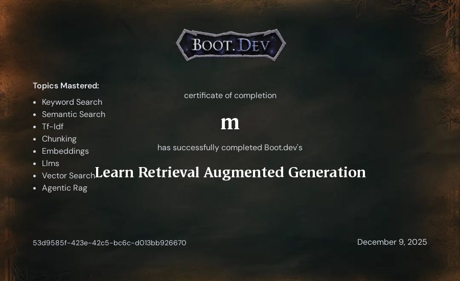 m's Boot.dev Learn Retrieval Augmented Generation certificate