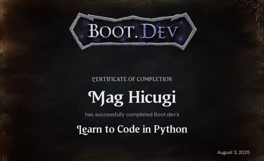 Mag Hicugi's Boot.dev Introduction to Python Course certificate