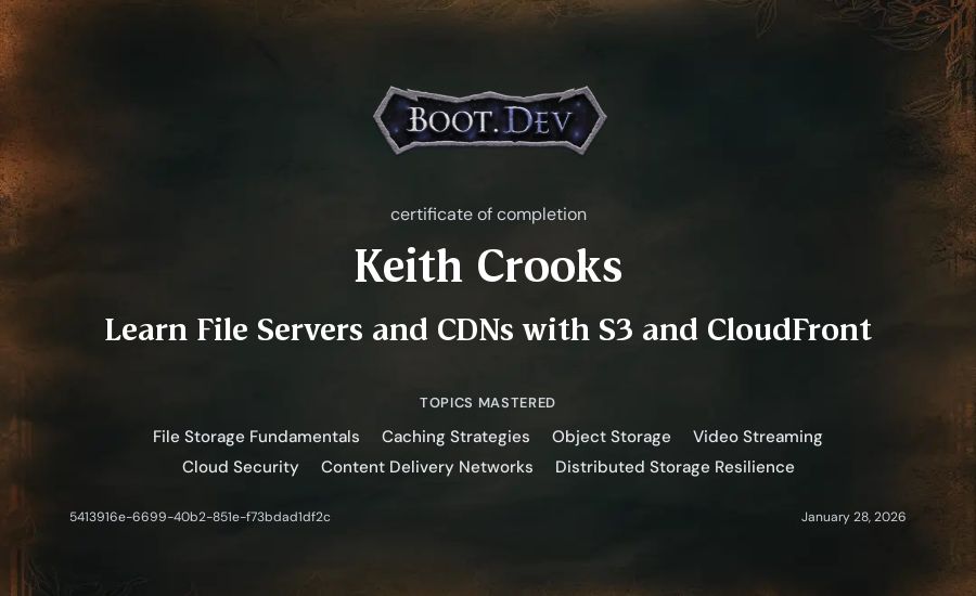 Keith Crooks's Boot.dev Learn File Servers and CDNs with S3 and CloudFront certificate
