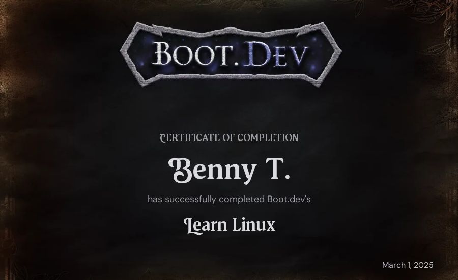 Benny T.'s Boot.dev Learn Linux certificate