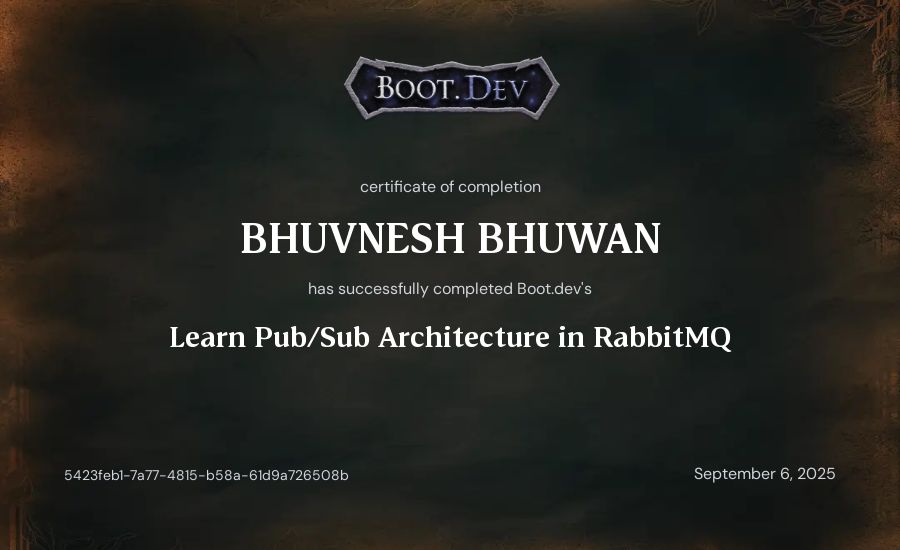 Bhuvnesh Bhuwan's Boot.dev Learn Pub/Sub in RabbitMQ and Go certificate
