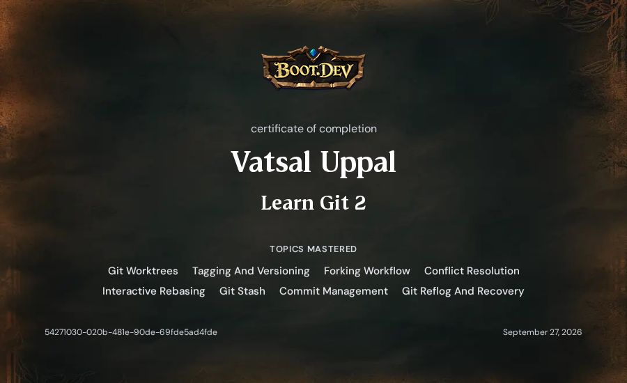 Vatsal Uppal's Boot.dev Learn Git 2 certificate