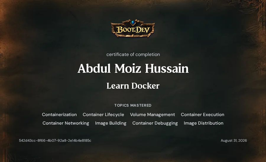 Abdul Moiz Hussain's Boot.dev Learn Docker certificate
