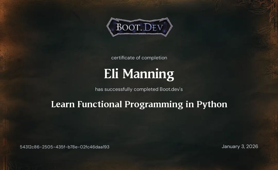 Eli Manning's Boot.dev Learn Functional Programming in Python certificate