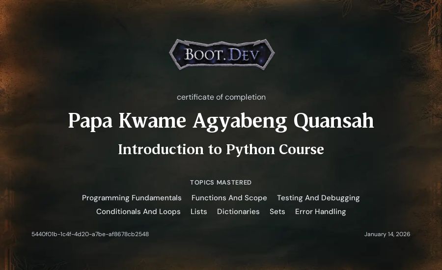 Papa Kwame Agyabeng Quansah's Boot.dev Introduction to Python Course certificate