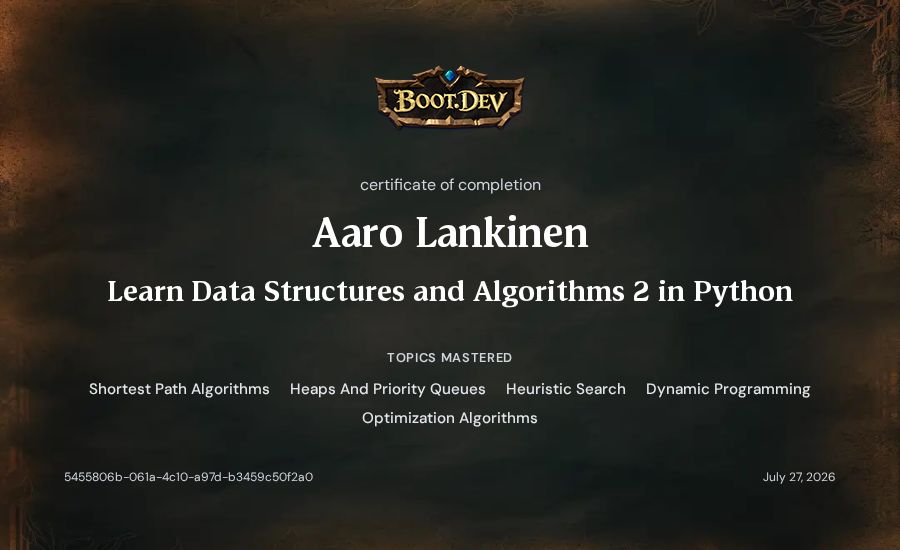 Aaro Lankinen's Boot.dev Learn Data Structures and Algorithms 2 in Python certificate