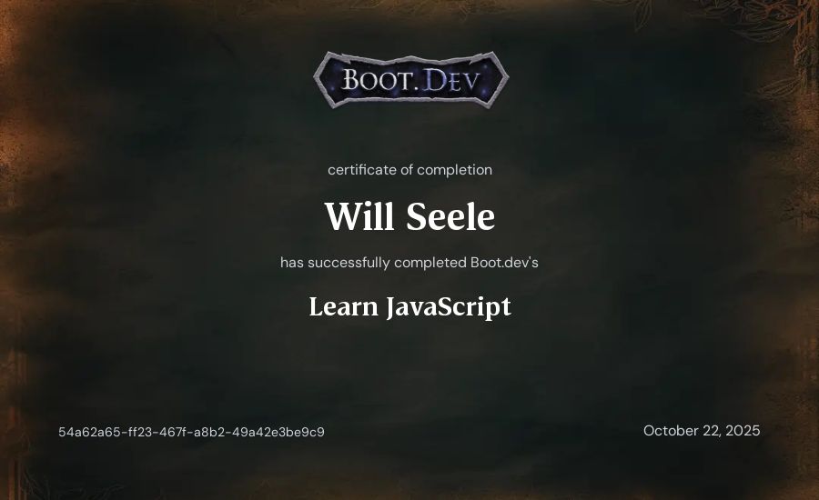Will Seele's Boot.dev Learn JavaScript certificate