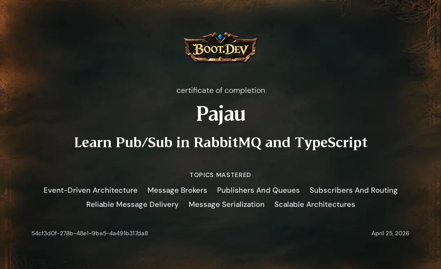 Pajau's Boot.dev Learn Pub/Sub in RabbitMQ and TypeScript certificate