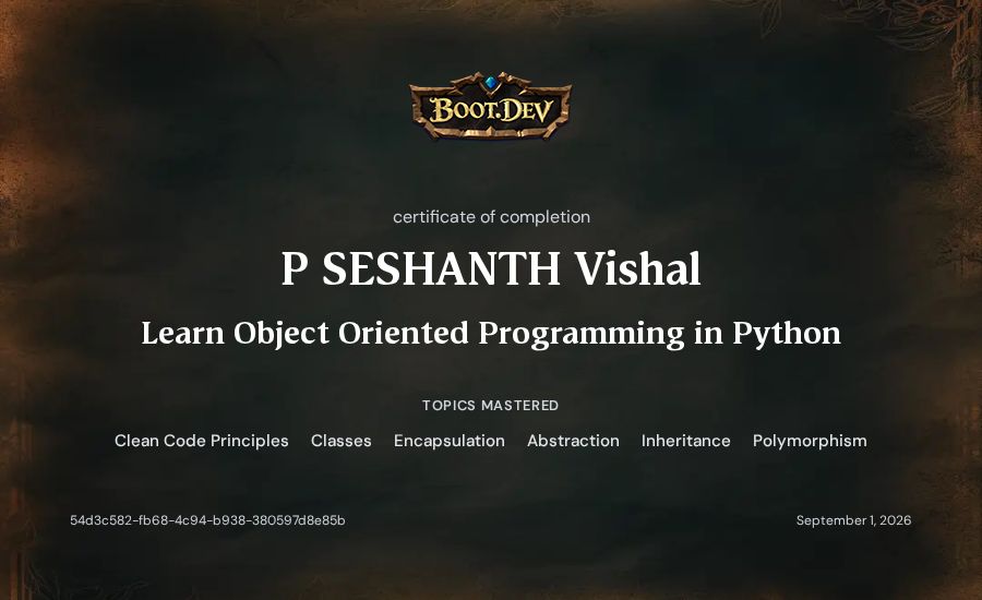 P SESHANTH Vishal's Boot.dev Learn Object Oriented Programming in Python certificate