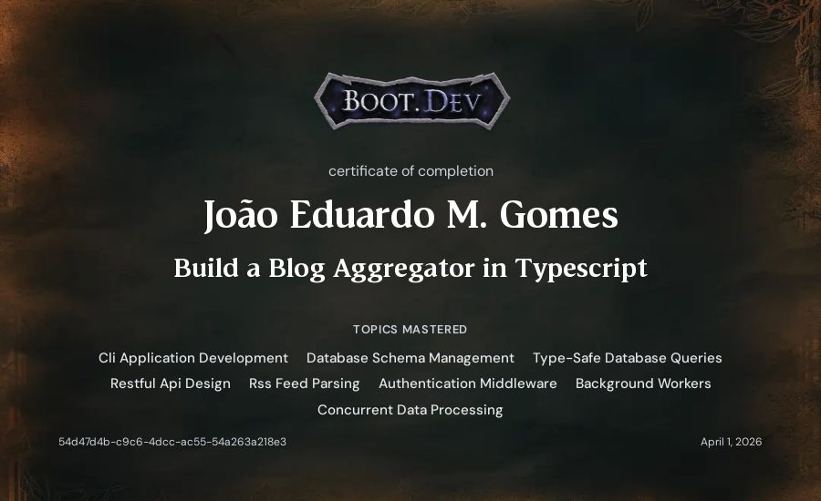João Eduardo M. Gomes's Boot.dev Build a Blog Aggregator in TypeScript certificate