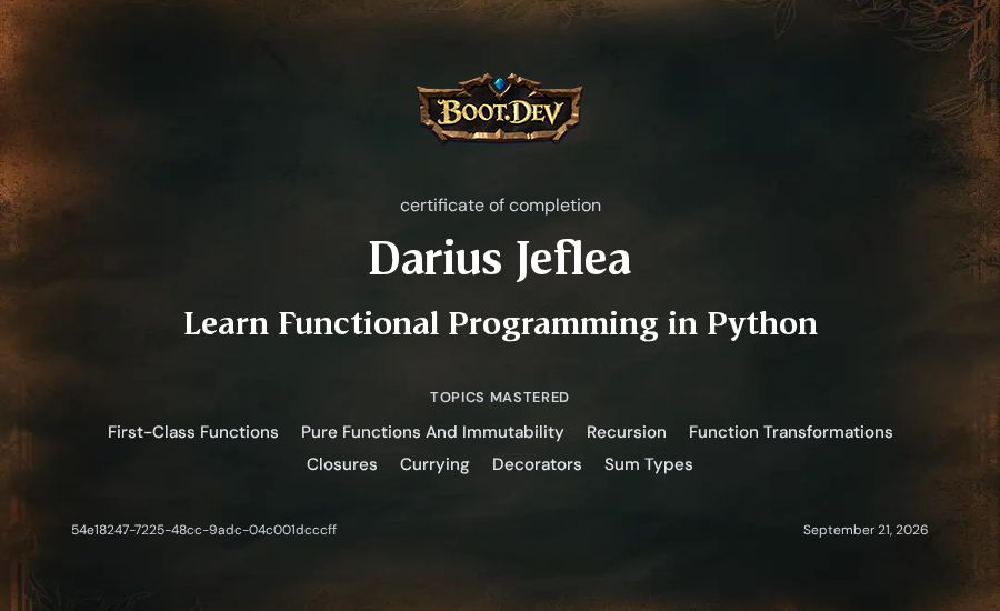 Darius Jeflea's Boot.dev Learn Functional Programming in Python certificate