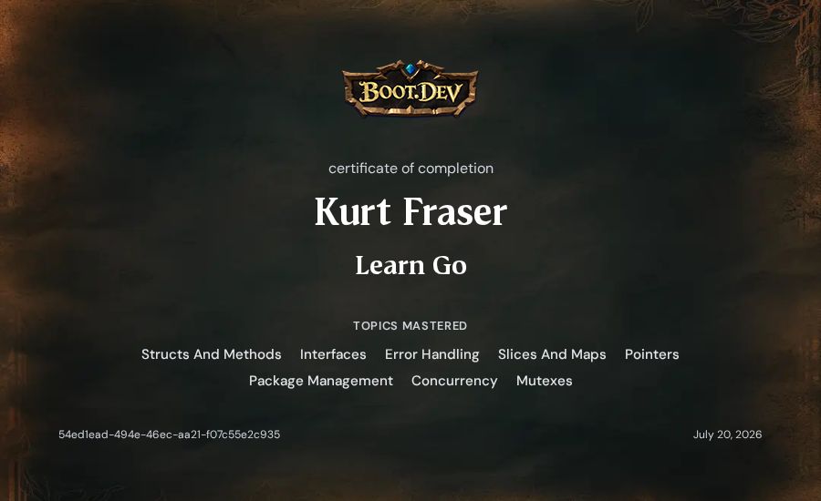 Kurt Fraser's Boot.dev Learn Go certificate