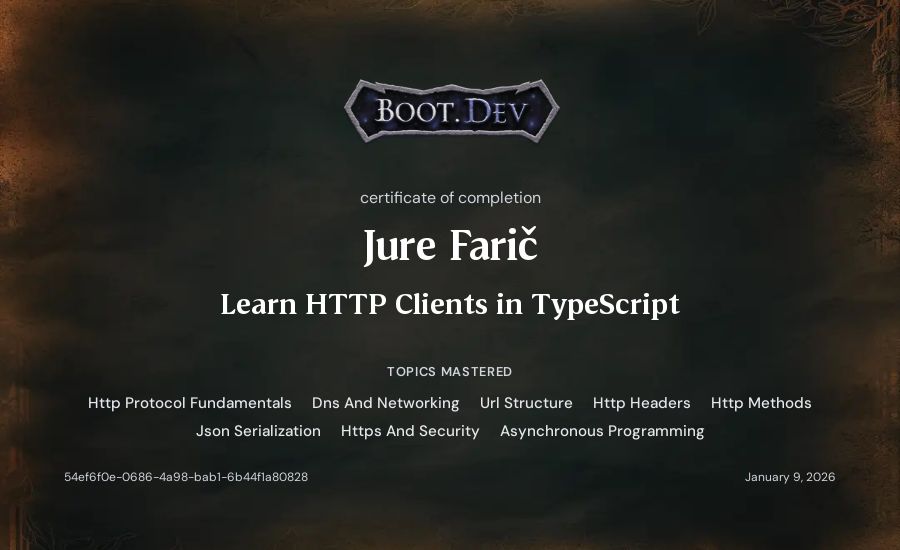 Jure Farič's Boot.dev Learn HTTP Clients in TypeScript certificate