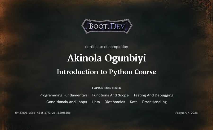 Akinola Ogunbiyi's Boot.dev Introduction to Python Course certificate