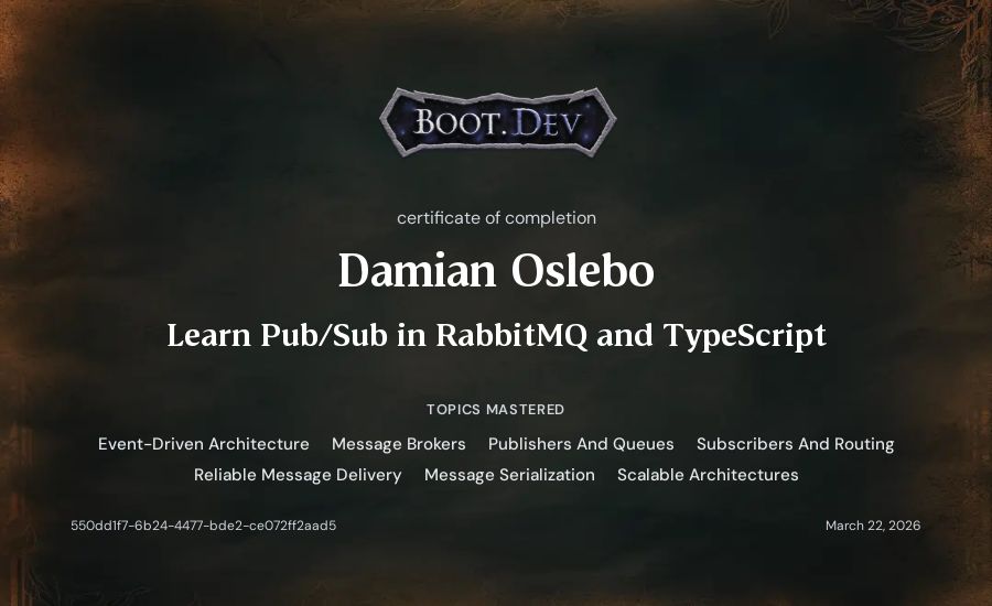 Damian Oslebo's Boot.dev Learn Pub/Sub in RabbitMQ and TypeScript certificate