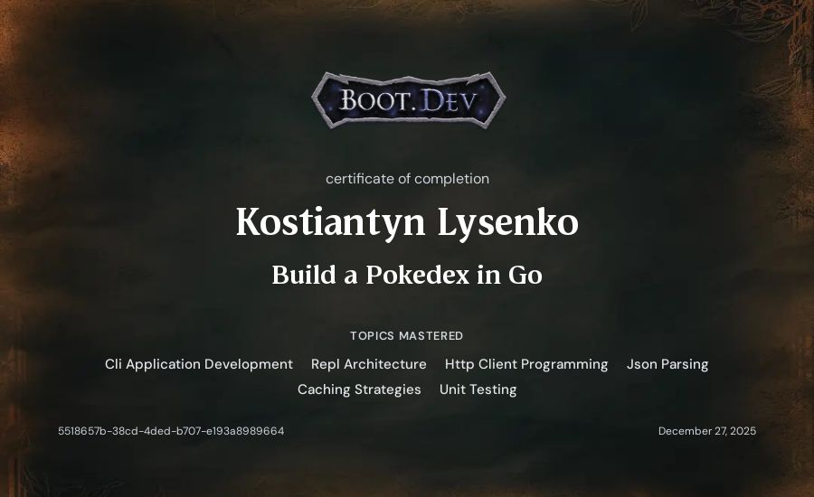 Kostiantyn Lysenko's Boot.dev Build a Pokedex in Go certificate