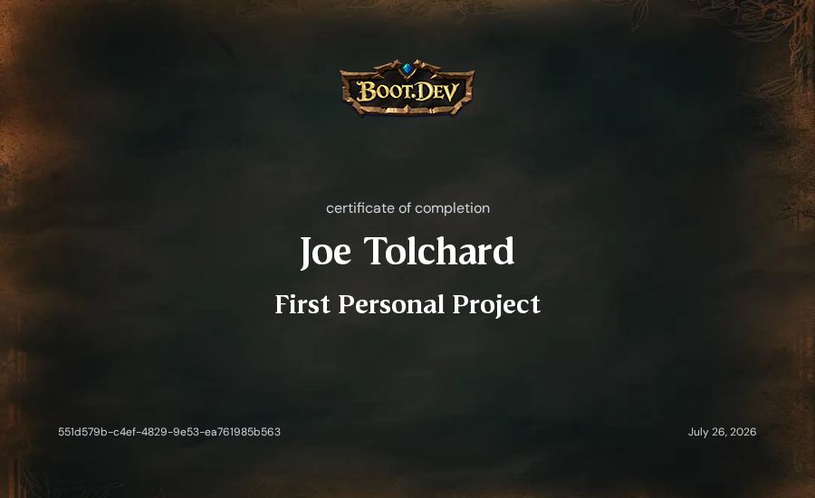 Joe Tolchard's Boot.dev First Personal Project certificate